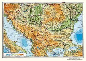 Румыния, Болгария, Югославия, Албания. Физическая карта