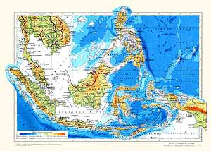 Индонезия, Филиппины, Малайзия, Сингапур. Физическая карта
