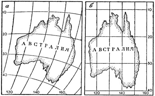 Рис. 20. Изображение Австралии на карте полушария (а) и на карте в цилиндрической проекции (б)