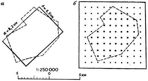 Рис. 38. Схема определения площади: а — построением равновеликого прямоугольника; б — точечной палеткой