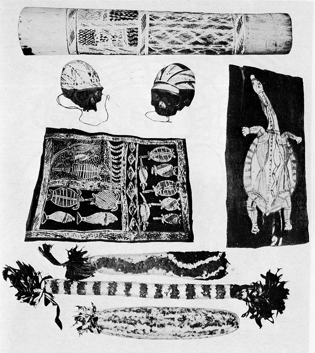 Образцы материальной культуры аборигенов Австралии: обрядовые изображения птицы и черепахи; вместилище из коры для костей умершего; раскрашенные черепа; рисунки на коре; обрядовые предметы