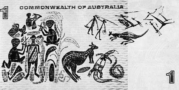 Австралийский доллар, в рисунке которого использованы мотивы и сюжеты традиционного искусства аборигенов