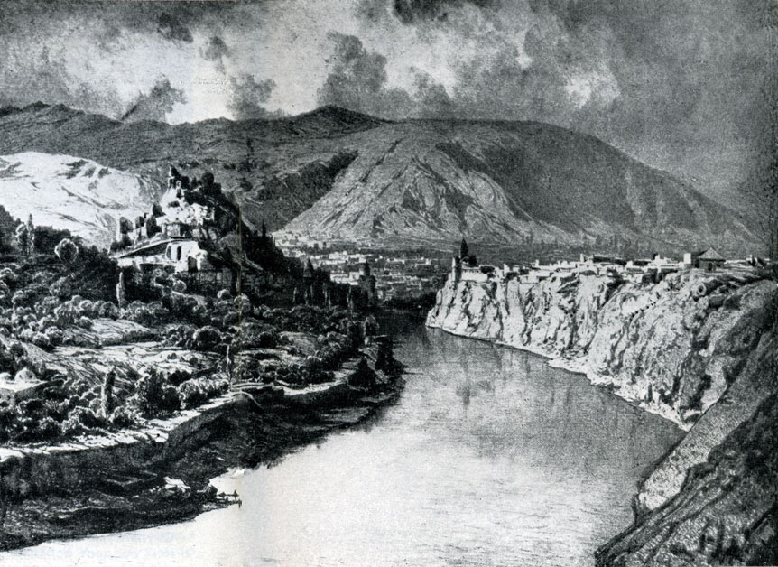 8.  Панорама реки Куры  с юга. Рисунок Г. Гагарина. Середина XIX в.