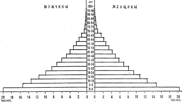 Возрастно-половая пирамида населения Джибути. 1976
