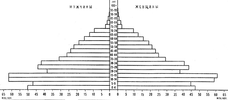 Возрастно-половая пирамида населения Китая. 1982
