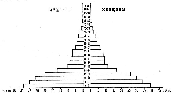 Возрастно-половая пирамида населения Суринама. 1975