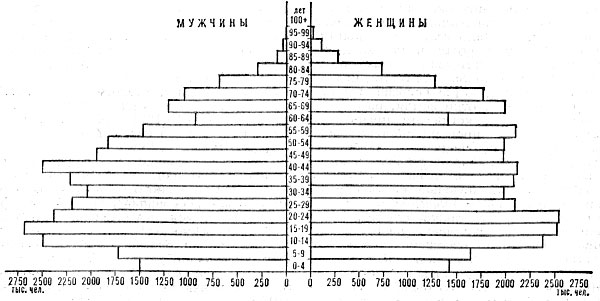 Возрастно-половая пирамида населения ФРГ. 1980