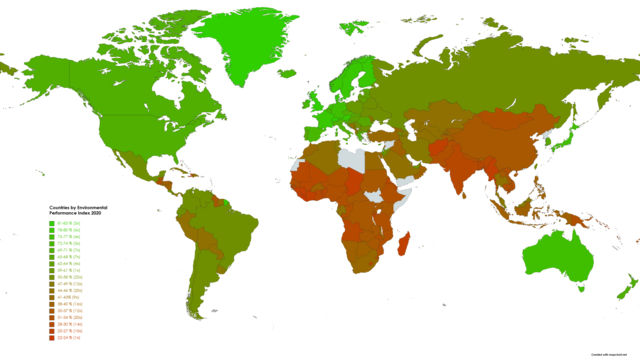 Карта мира по индексу экологической эффективности (данные 2020 года): https://en.wikipedia.org/wiki/Environmental_Performance_Index#/media/File:2020_EPI_Map_World.png