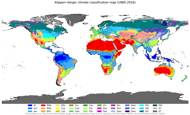 Классификация климата Кеппена-Гейгера: https://en.wikipedia.org/wiki/Climatology#/media/File:Koppen-Geiger_climate_classification_(1980-2016).png