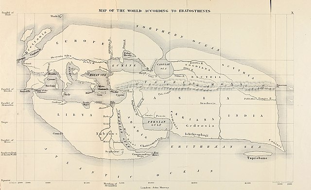 Карта мира Эратосфена, реконструированная учеными девятнадцатого века: https://ru.wikipedia.org/wiki/Эратосфен#/media/Файл:Mappa_di_Eratostene.jpg